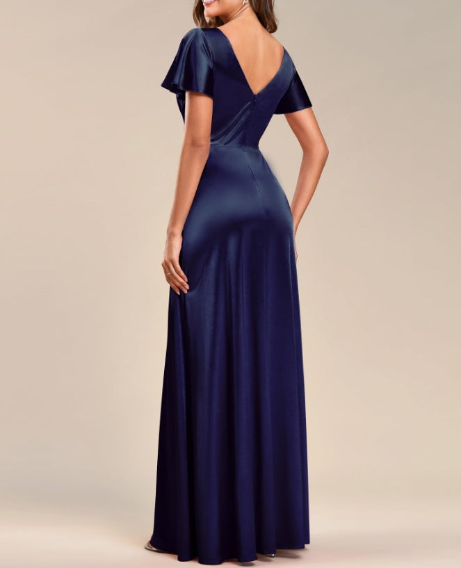 Navy Blue Women's Shiny Satin Ruffles Sleeves V-Neck Prom Dresses For Evening Dresses